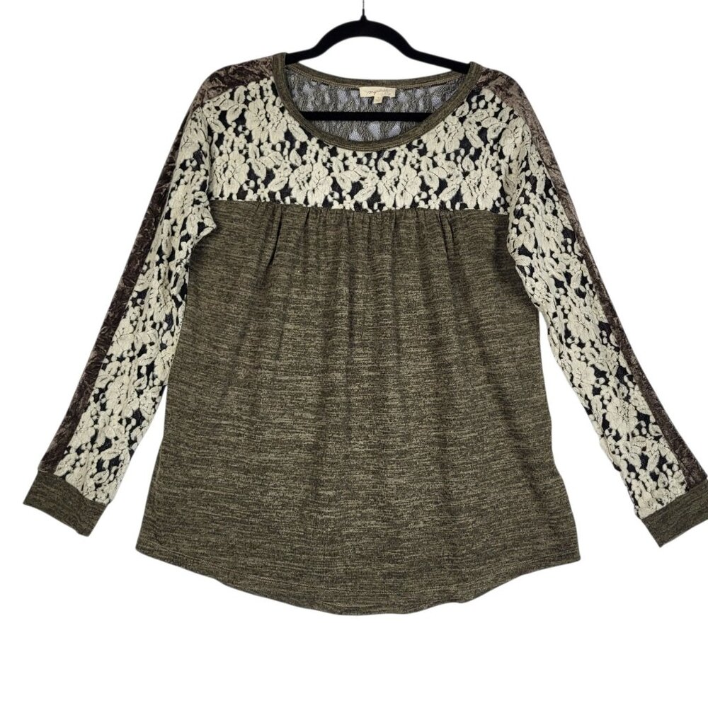 Mystree Boho Top Blouse Women's Small Olive Green Burnout Velvet Lace Whimsigoth